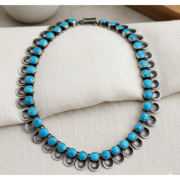Turquoise Necklace Vintage Sterling Silver 925 Mexico Chunky Choker Stamped 18” - Picture 1 of 10